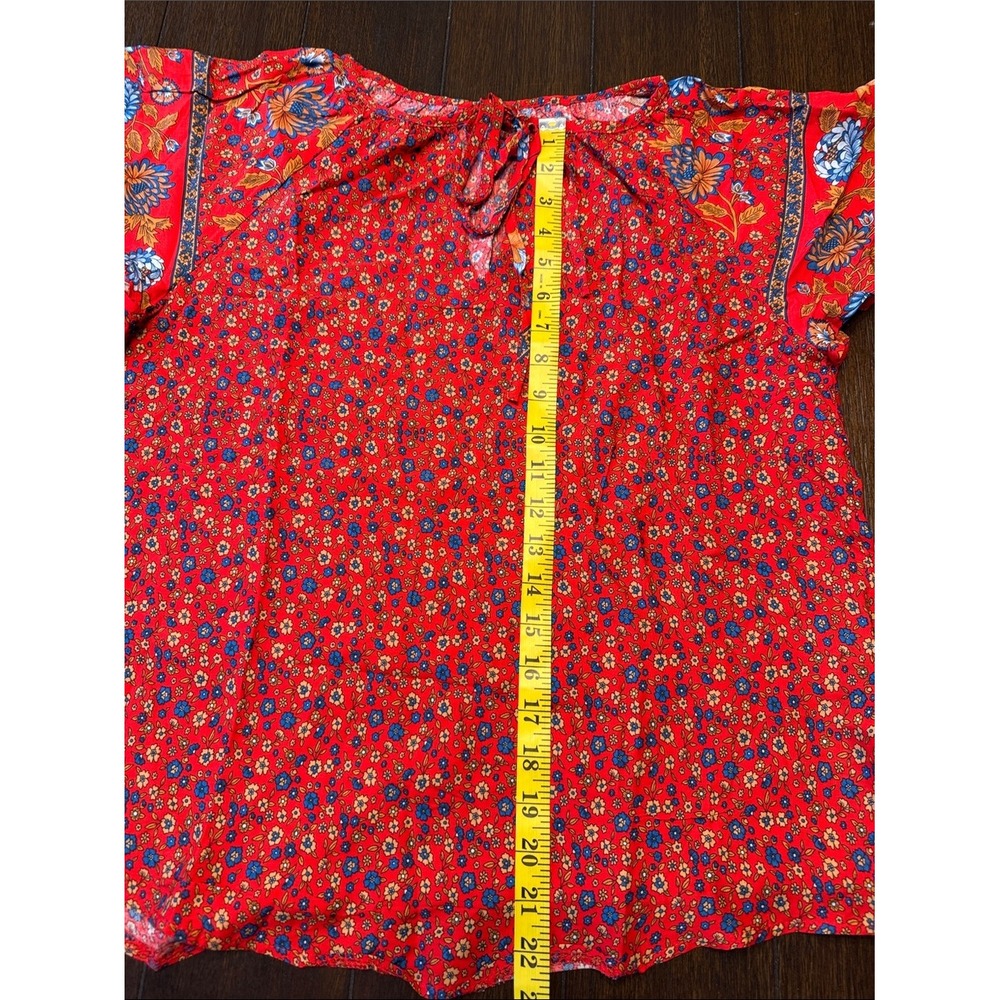 Hapsho Red Floral Boho Viscose Blouse Short Sleeve Tie Neck Top Size Large - Picture 4 of 7